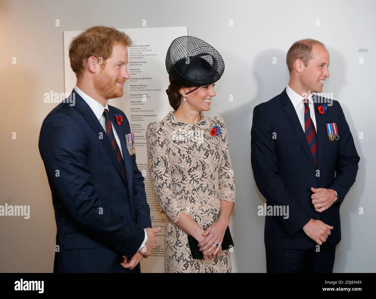 Britain's Prince William, the Duke of Cambridge, his wife Kate, the Duchess of Cambridge, and Prince Harry, left, share a laugh with France President, Francois Hollande, while visiting a museum inside the World War I Thiepval Monument prior to the Somme centenary commemorations in Thiepval, northern France, Friday, July 1st, 2016. One week after Britain's vote to leave the European Union, Prime Minister David Cameron and royal family members will stand side-by-side with France's President to celebrate their historic alliance at the centenary of the deadliest battle of World War I. Photo by Fra Stock Photo