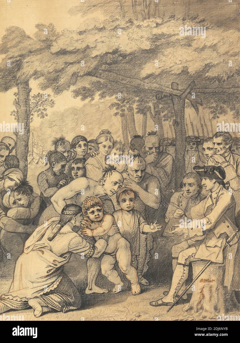 The Indians Delivering up the English Captives to Colonel Bouquet near his camp at the folks of Muskingum in North America in November 1764, 1765, Benjamin West, 1738–1820, American, active in Britain (from 1763), between 1765 and 1766, Graphite, with pen in black and brown ink, with rubbing and shading on medium, slightly textured, bege laid paper, Sheet: 10 1/8 x 8 1/4 inches (25.7 x 21 cm) and Image: 8 1/8 x 6 3/16 inches (20.6 x 15.7 cm), camp (temporary settlement), captives, children, colonel, colonist, costume, earrings, families, fear, flag, hats, Indians, men, military art, mother Stock Photo