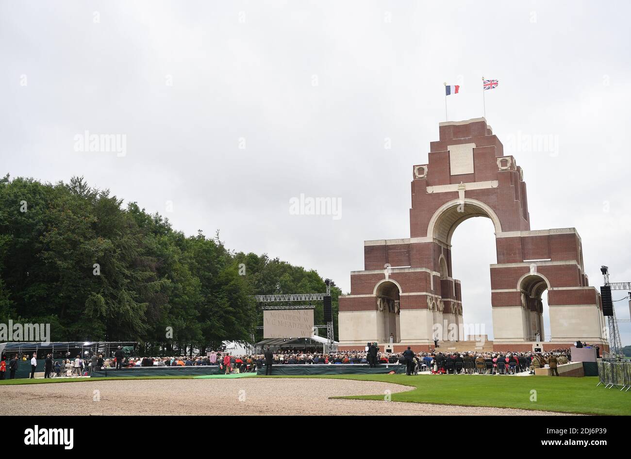 A Memorial service at the Thiepval Somme Memorial to mark the 100th Anniversary of the Battle of the Somme at the Thiepval memorial in France on July 01, 2016. Photo by Christian Liewig/ABACAPRESS.COM Stock Photo