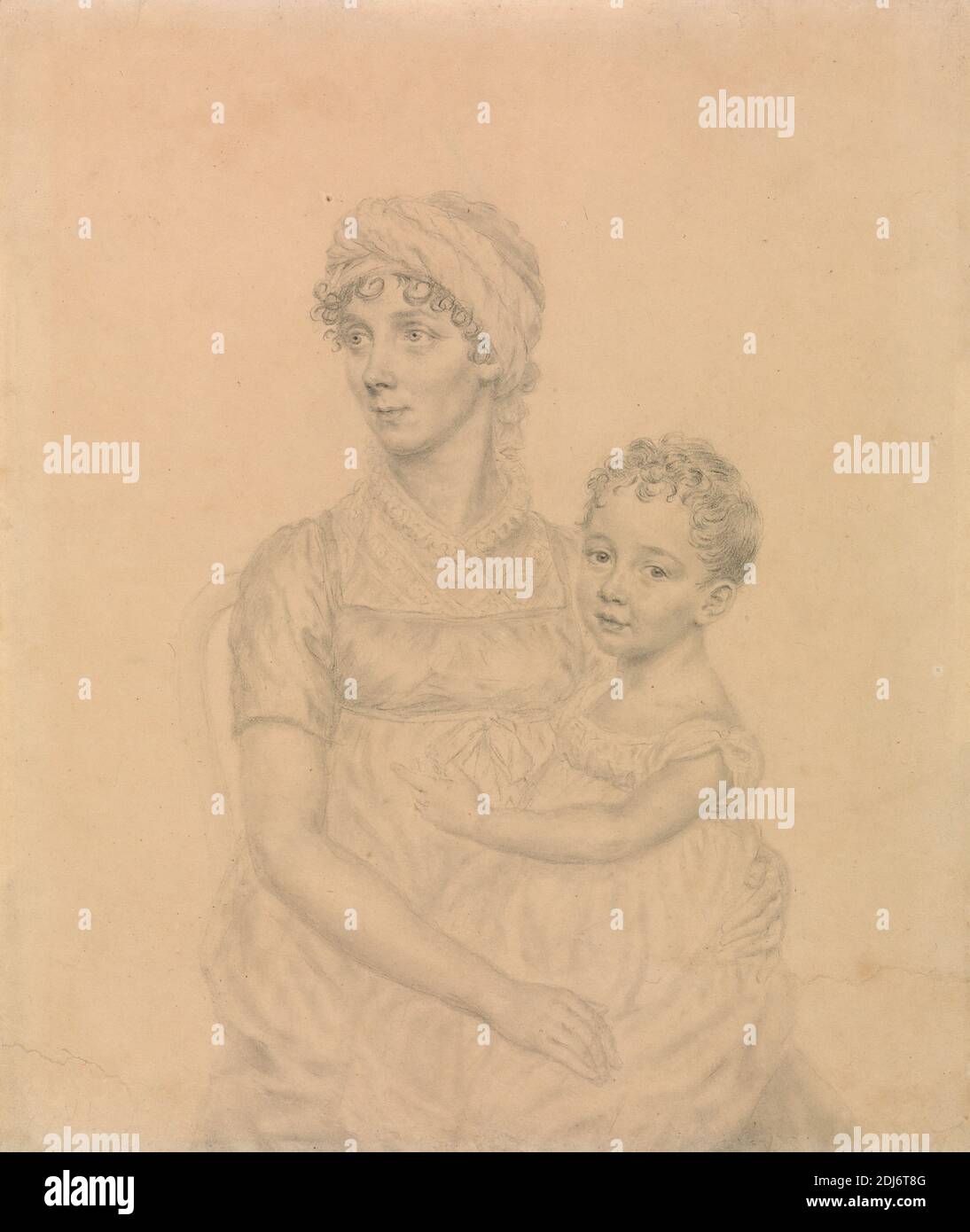 Lady Wigram with Her Infant Son, William Pitt Wigram, John Smart, 1741–1811, British, undated, Graphite and beige wash on medium, smooth, cream wove paper, Sheet: 6 5/16 × 5 3/8 inches (16 × 13.7 cm), cap, dress, Empire, fichu, infant, mother, portrait, son Stock Photo