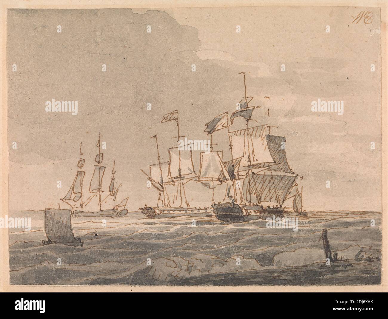 Men-of-war off the Coast, John Cleveley the younger, 1747–1786, British, undated, Gray wash, pen and brown ink on medium, moderately textured, cream laid paper mounted to beige, moderately textured, wove paper, Sheet: 3 3/4 × 5 inches (9.5 × 12.7 cm), coast, marine art, sails, sea, ships Stock Photo