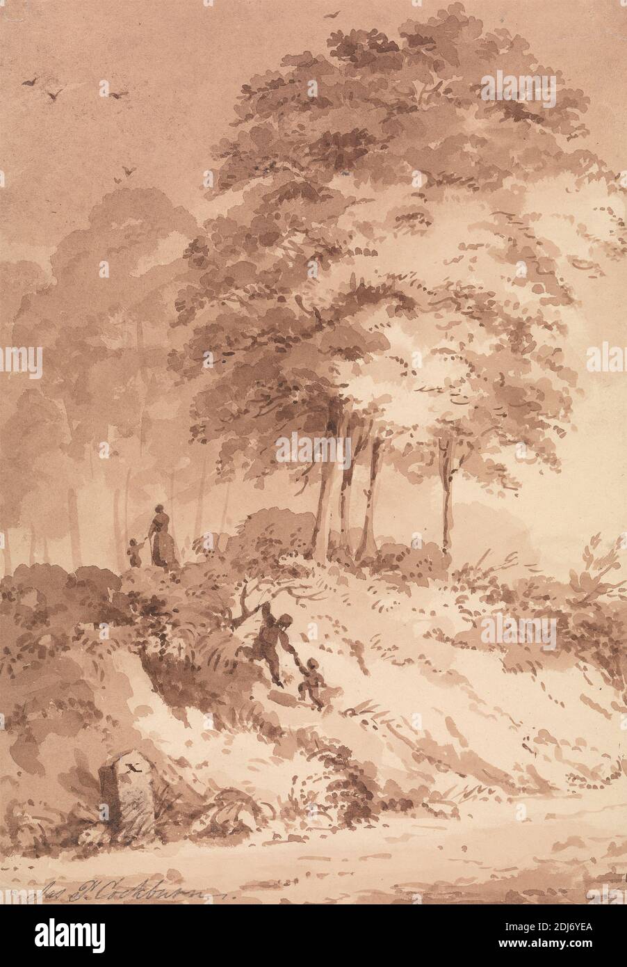 Family Walking in a Wood: Child Being Helped to Clamber up a Bank, James Pattison Cockburn, 1778–1847, British, undated, Pen and brown ink with brown wash on medium, moderately textured, cream wove paper, Sheet: 8 7/8 × 7 inches (22.5 × 17.8 cm), bank, birds, child, figures, forest, landscape, wood Stock Photo