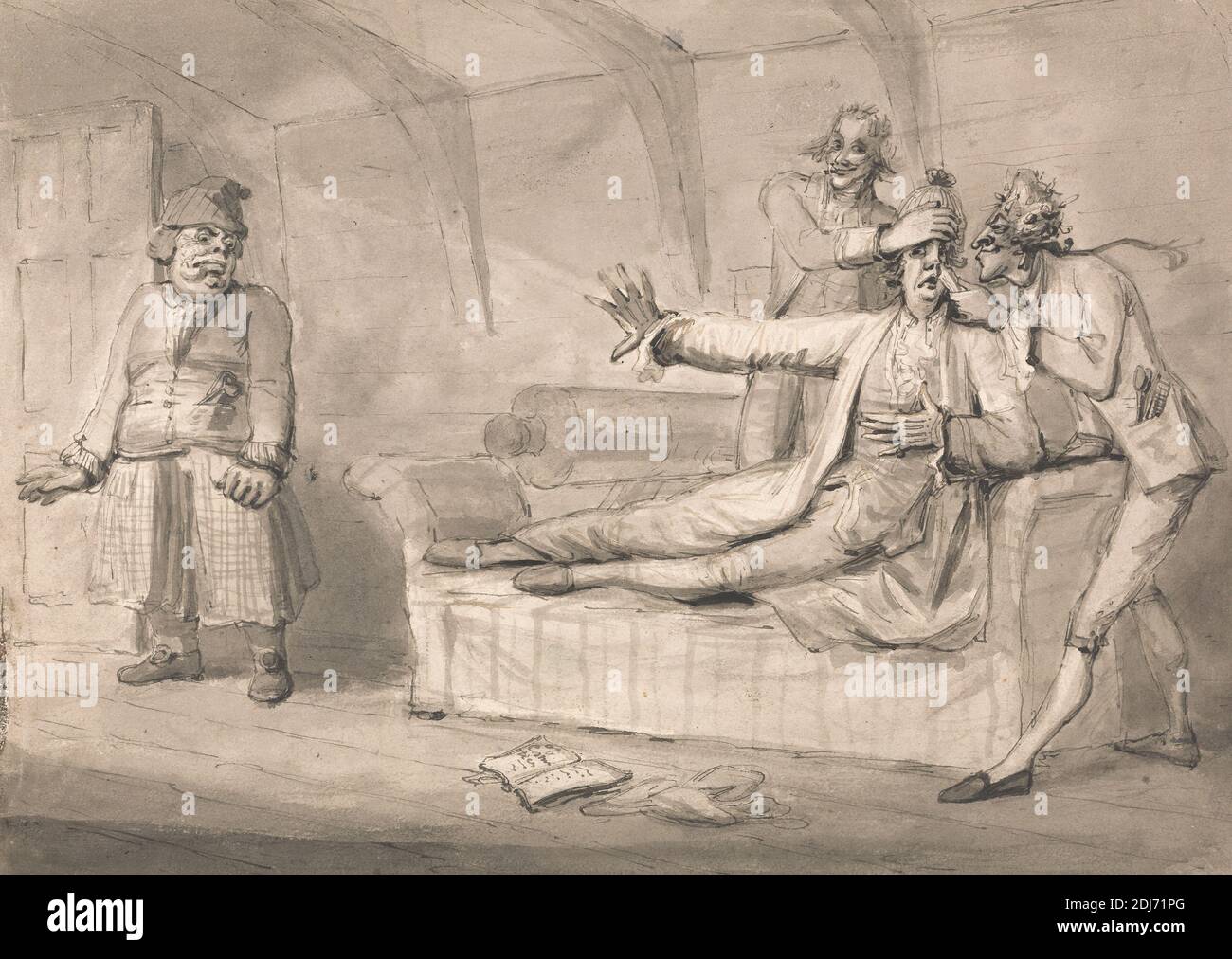 Morgan Offending the Delicate Organs of Captain Wiffle, Samuel Collings, active 1784–1795, British, undated, Graphite, gray wash, brown wash, pen and gray ink on medium, slightly textured, cream wove paper, Sheet: 7 3/8 x 10 3/8 inches (18.7 x 26.4 cm), books, comedy, couches, drama, expression, genre subject, gesture, men, smell Stock Photo