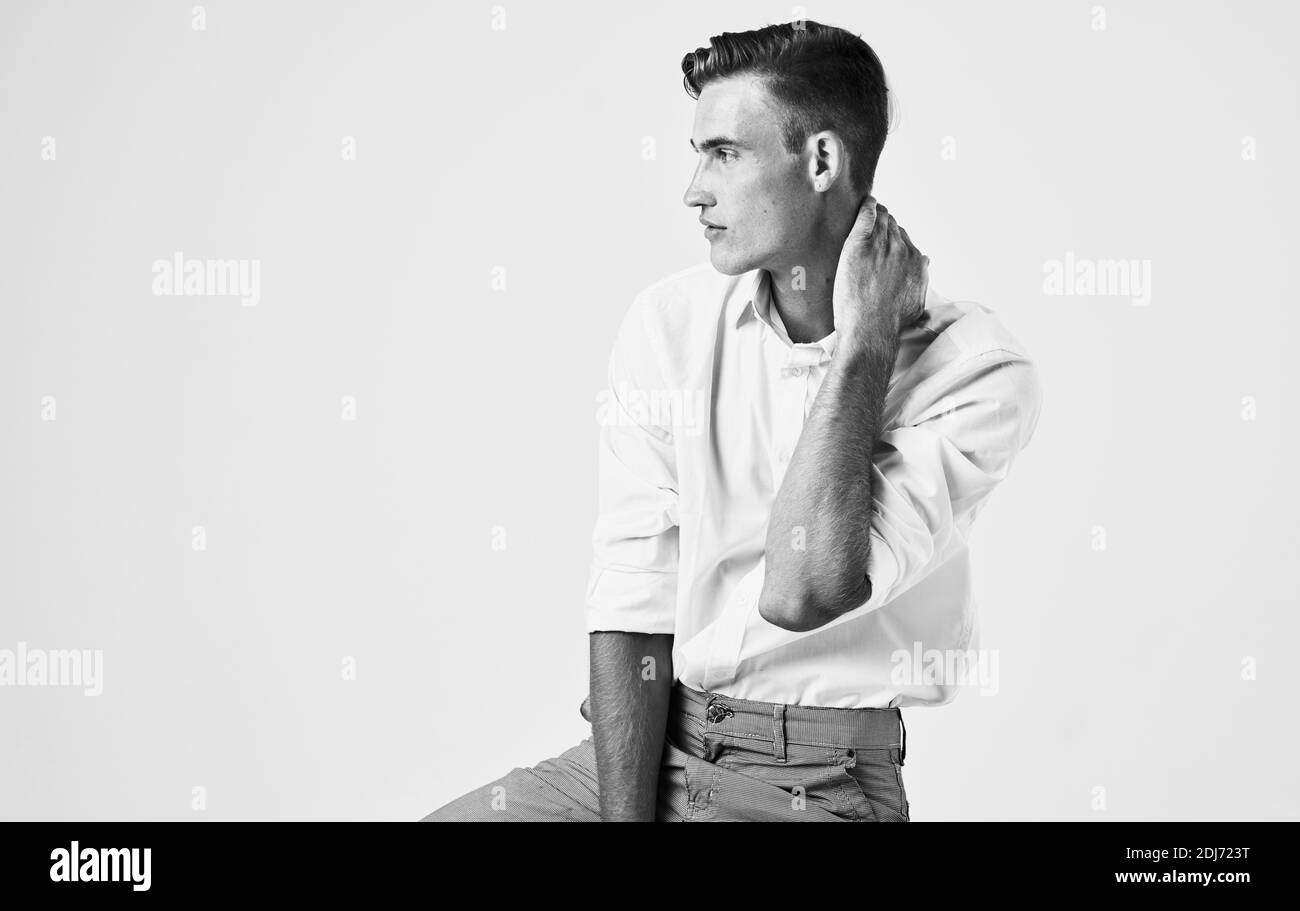 Black and white photograph of a handsome man gesturing with his hands ...
