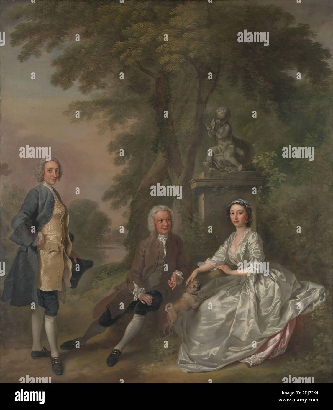 Jonathan Tyers, with His Daughter Elizabeth, and Her Husband John Wood, Francis Hayman, 1707/8–1776, British, between 1750 and 1752, Oil on canvas, Support (PTG): 39 x 34 inches (99.1 x 86.4 cm), canal, dog (animal), father, husband, men, portrait, statuary, statue, trees, wife, woman Stock Photo