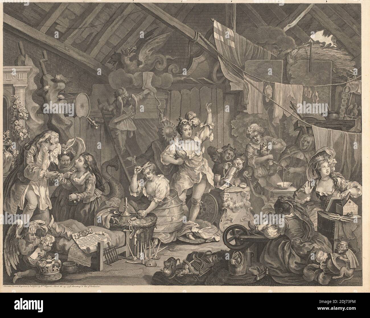 Strolling Actresses Dressing in a Barn, Print made by William Hogarth, 1697–1764, British, After William Hogarth, 1697–1764, British, 1738, Etching with line engraving, Sheet: 17 5/8 × 22 3/8 inches (44.8 × 56.8 cm Stock Photo