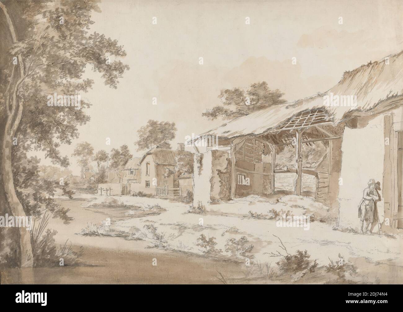 Ruined Farm near Coombe at Gittisham in Devonshire, Three Miles from Honiton, Devon, Hendrik Frans de Cort, 1742–1810, German, active in Britain (from 1789), 1794, Graphite, brown wash and gray wash on medium, slightly textured, cream laid paper, Sheet: 12 7/8 x 18 1/4 inches (32.7 x 46.4 cm), architectural subject Stock Photo