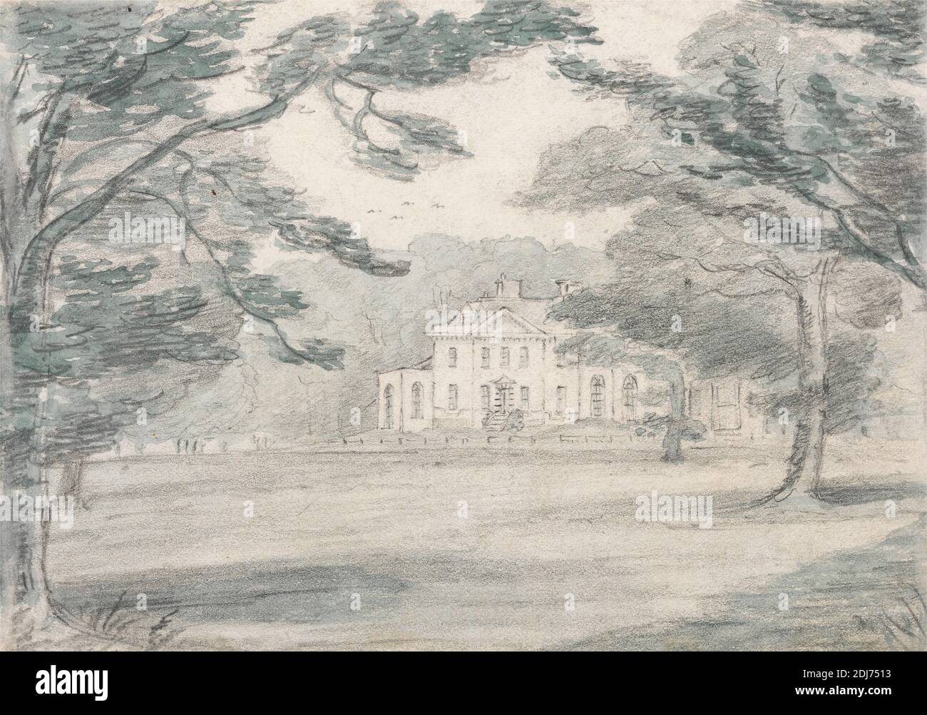 Havering Bower, Essex (A View of a Country Mansion), unknown artist, nineteenth century, formerly John Constable, 1776–1837, British, 1819, Green wash and graphite on medium, smooth, blued white wove paper, Sheet: 4 5/8 x 6 5/8 inches (11.7 x 16.8 cm), architectural subject, architecture, country (rural landscape), house, landscape, mansion, England, Essex, Europe, Greater London, Havering-atte-Bower, United Kingdom Stock Photo