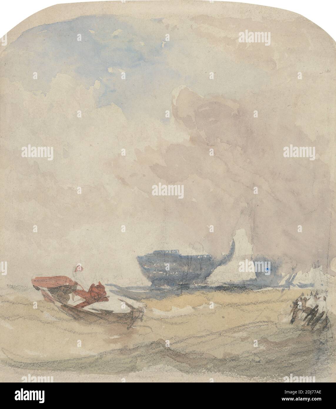 Sea Study with Hulk, Sailing Boat and Rowing Boat, David Cox, 1783–1859, British, 1830s, Black chalk, watercolor and graphite on moderately thick, slightly textured, cream wove paper, Sheet: 8 x 7 inches (20.3 x 17.8 cm), boat, marine art, seascape Stock Photo