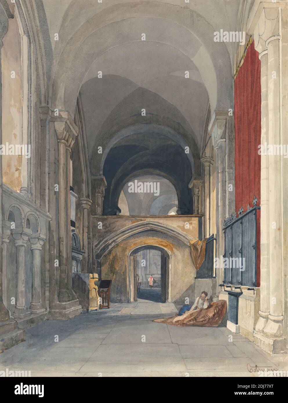 Norwich Cathedral: Interior of the North Aisle of the Choir, Looking East, John Sell Cotman, 1782–1842, British, Miles Edmund Cotman, 1810–1858, British, 1829, Graphite, watercolor, and gouache on medium, slightly textured, cream wove paper, Sheet: 13 3/4 × 10 1/2 inches (34.9 × 26.7 cm), arches, architectural subject, cathedral, choir, interior, England, Norwich, United Kingdom Stock Photo