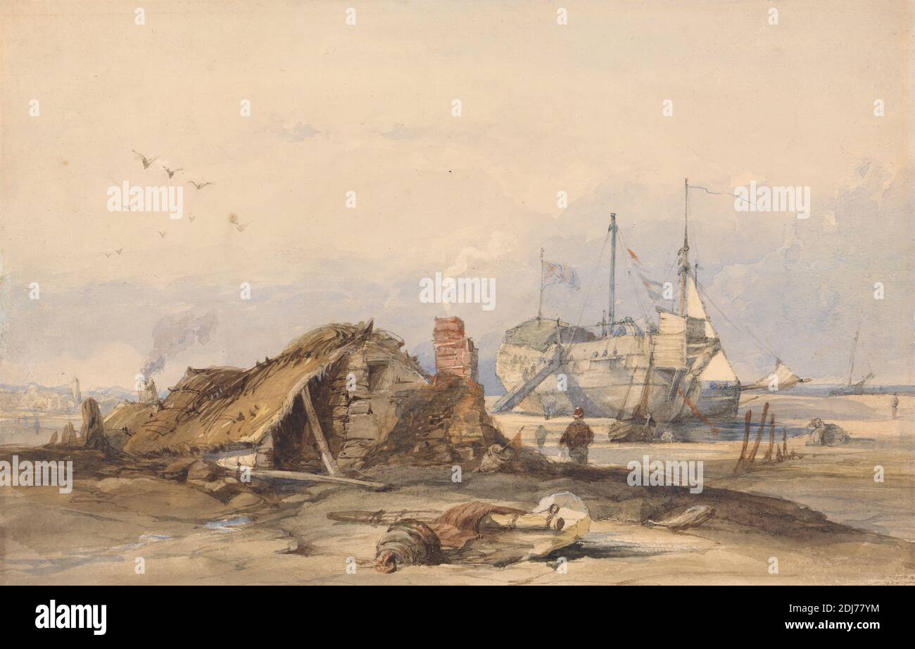 The Blockade Station, Rye, Clarkson Stanfield, 1793–1867, British, undated, Watercolor and graphite on medium, slightly textured, cream wove paper, Sheet: 6 1/2 × 9 1/4 inches (16.5 × 23.5 cm), beach, birds, boats, flags, genre subject, hulk (utility and service vessel), marine art, shack, ship, smoke, England, Rye, Sussex, East, United Kingdom Stock Photo