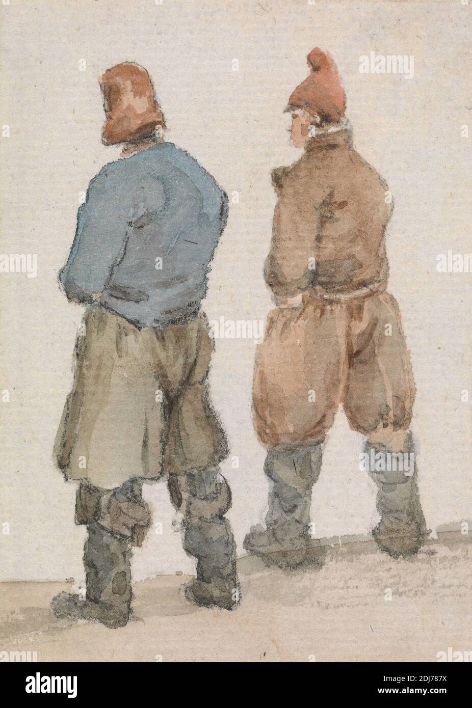 Two Fishermen seen from Behind, Joseph Stannard, 1797–1830, British, undated, Watercolor and graphite on medium, moderately textured, blued white laid paper, Sheet: 3 1/2 × 2 1/2 inches (8.9 × 6.4 cm), caps (headgear), costume, figure study, fishermen (people), genre subject Stock Photo
