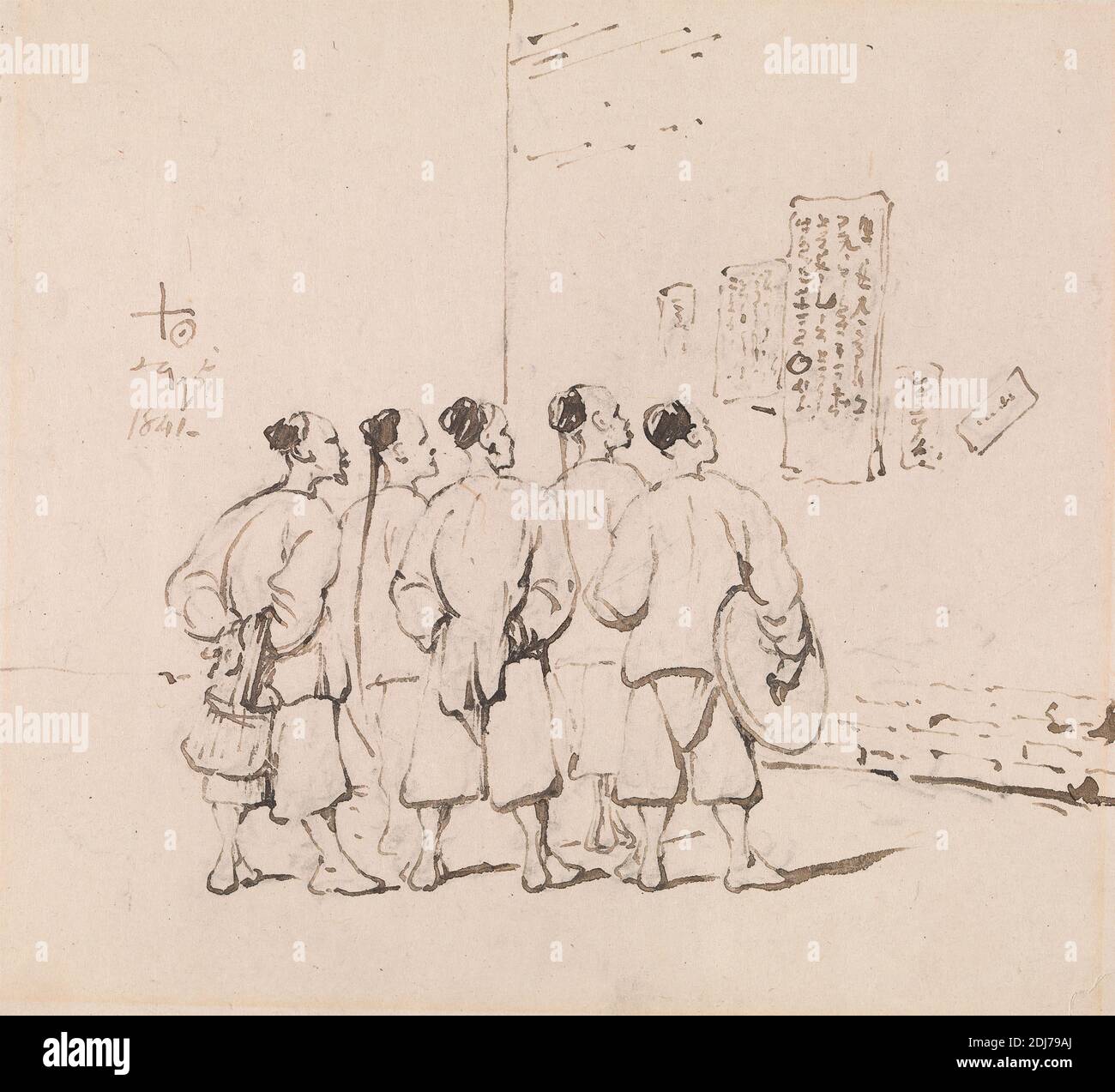 Chinese Coolies reading a Proclamation, George Chinnery, 1774–1852, British, 1841, Graphite, pen and brown ink on medium, slightly textured, cream wove paper, Sheet: 6 × 6 5/8 inches (15.2 × 16.8 cm), figure study, proclamation, workers Stock Photo