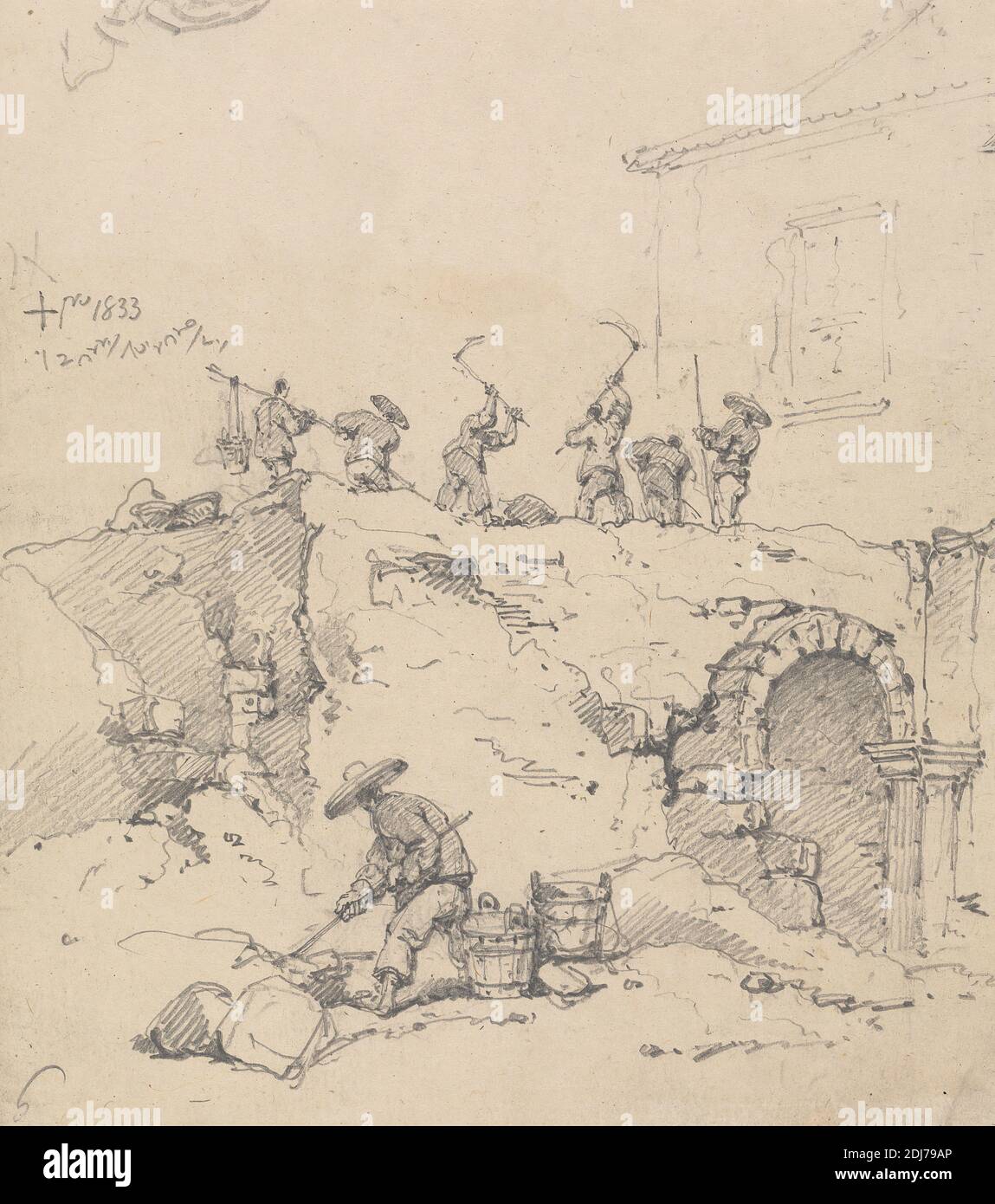 Chinese Coolies Demolishing a Building, George Chinnery, 1774–1852, British, 1833, Graphite on medium, slightly textured, cream wove paper, Sheet: 7 3/4 × 6 7/8 inches (19.7 × 17.5 cm), arch, building, demolition, figure study, landscape, workers, China Stock Photo