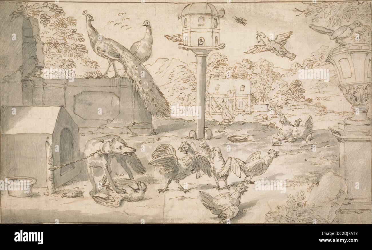 Landscape with Birds and Dog, Attributed to Marmaduke Cradock, 1660–1716, British, undated, Gray wash with pen and brown ink over graphite on moderately thick, moderately textured, blued white laid paper, Sheet: 7 3/16 x 11 7/8 inches (18.3 x 30.1 cm), animal art, birds, bowl, chaos, dog (animal), doghouse, fighting, figure, flying, house, peacocks (birds), pedestal, roosters, urn, wall Stock Photo