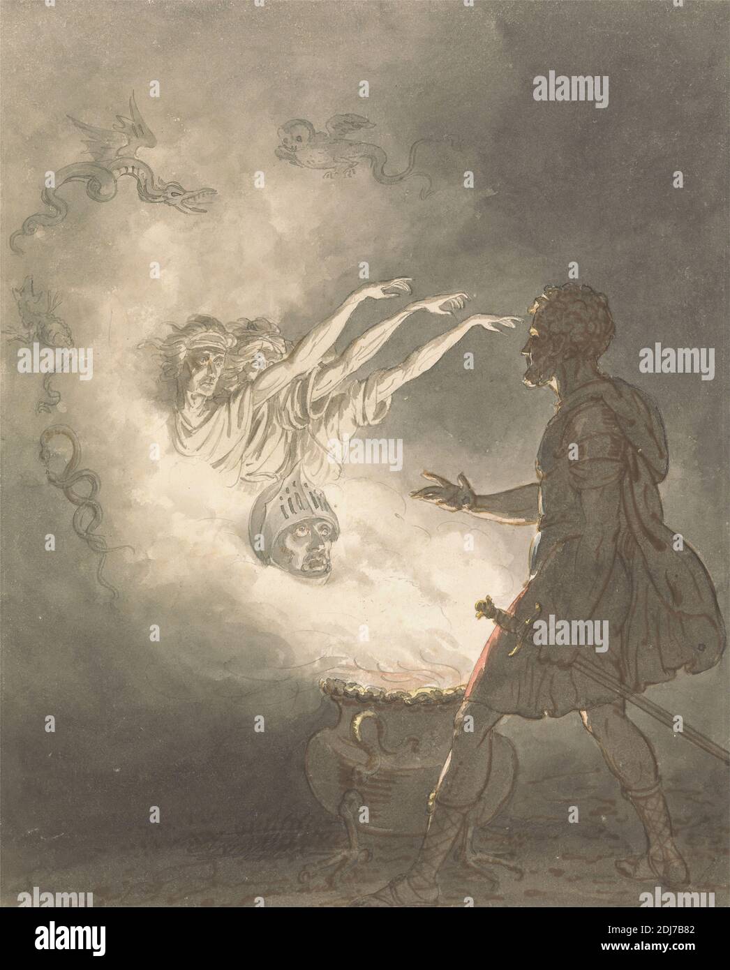 Macbeth and the Apparition of the Armed Head, William Marshall Craig, ca. 1788–1828, British, ca. 1820, Brown ink with gray wash and watercolor over graphite on moderately thick, slightly textured, beige wove paper, Sheet: 11 1/16 x 8 15/16 inches (28.1 x 22.7 cm), apparition, armor, cape, cauldron, clouds, costume, hallucination, head, helmet, literary theme, Macbeth, Act IV, Scene I, man, plays by William Shakespeare, sandals, smoke, snakes, sword, tunic, vision, women Stock Photo
