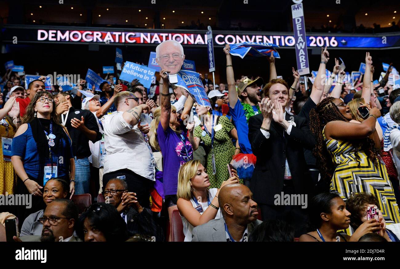 Delegates cheers during the Roll Call vote on the second day of the Democratic National Convention on July 26, 2016 at the Wells Fargo Center, Philadelphia, Pennsylvania,Photo by Olivier Douliery/Abacapress.com Stock Photo