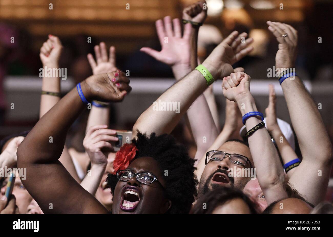 Delegates cheer during the Roll Call vote on the second day of the Democratic National Convention on July 26, 2016 at the Wells Fargo Center, Philadelphia, Pennsylvania,Photo by Olivier Douliery/Abacapress.com Stock Photo