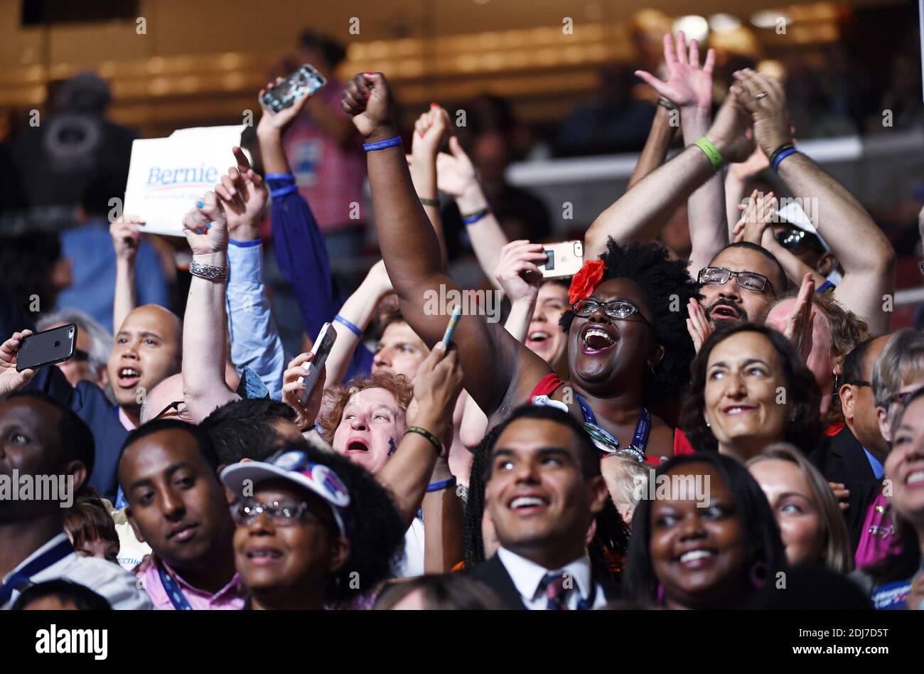Delegates cheer during the Roll Call vote on the second day of the Democratic National Convention on July 26, 2016 at the Wells Fargo Center, Philadelphia, Pennsylvania,Photo by Olivier Douliery/Abacapress.com Stock Photo