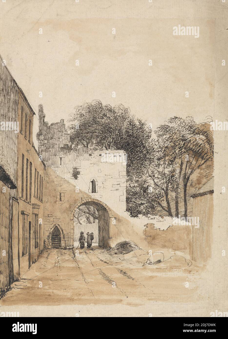 Ruined Gateway at Kilmallock, Thomas Crofton Croker, 1798–1854, British, undated, Pen and black ink, pen and brown ink, brown wash, and graphite on medium, slightly textured, cream laid paper, Sheet: 9 1/8 × 6 5/8 inches (23.2 × 16.8 cm), arch, architectural subject, buildings, cityscape, figures, trees Stock Photo