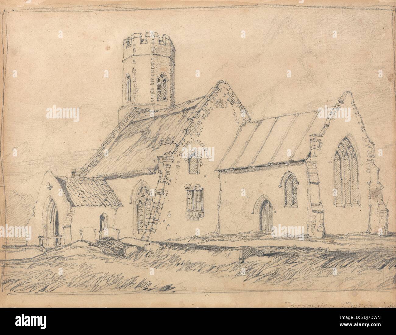Brampton Church, Norfolk, from the South-East, John Sell Cotman, 1782–1842, British, ca. 1816, Graphite on medium, slightly textured, cream wove paper, Sheet: 8 3/4 x 11 3/8 inches (22.2 x 28.9 cm) and Contemporary drawn border: 10 3/8 x 12 1/4 inches (26.4 x 31.1 cm), architectural subject, church, round tower, Brampton, Brampton church, England, Norfolk, United Kingdom Stock Photo