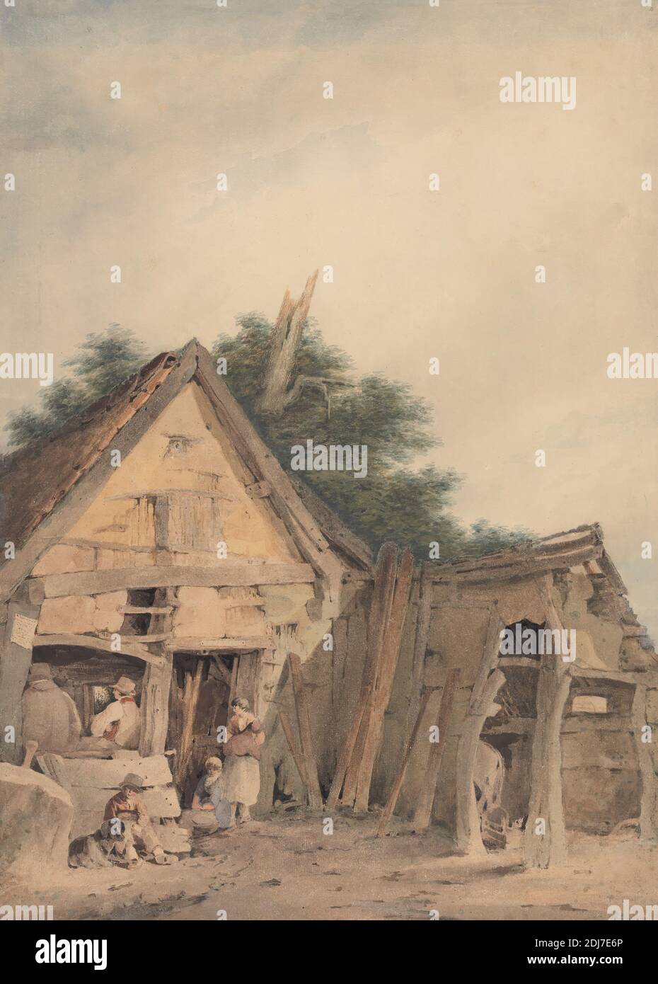 The Blacksmith's Shop, Hingham, John Crome, 1768–1821, British, Formerly Attributed to Robert Dixon, 1780–1815, British, between 1807 and 1809, Watercolor and graphite on thick, moderately textured, cream wove paper, Sheet: 24 × 17 1/4 inches (61 × 43.8 cm), architectural subject, blacksmith, shop Stock Photo