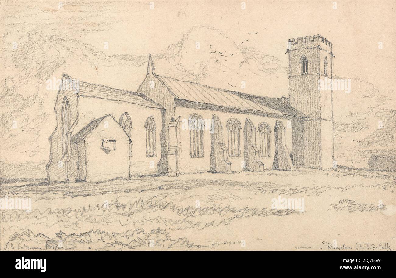 Knapton Church, Norfolk, from the North-East, John Sell Cotman, 1782–1842, British, 1817, Graphite and brown wash on medium, smooth, cream wove paper, Sheet: 7 x 10 1/2 inches (17.8 x 26.7 cm) and Contemporary drawn border: 9 3/8 x 12 1/8 inches (23.8 x 30.8 cm), architectural subject, Architecture--Medieval, church, hammerbeam roofs, England, Norfolk, United Kingdom Stock Photo