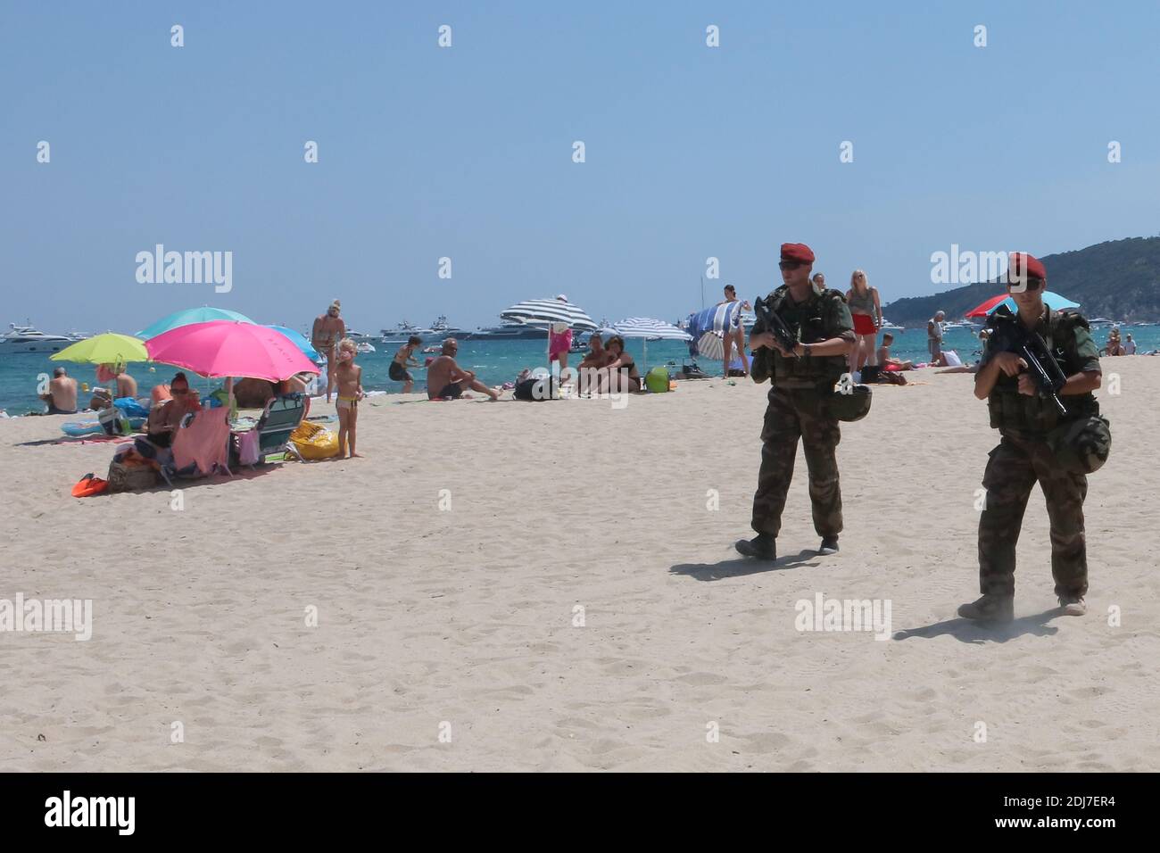 French paratroopers patrol on Pampelonne beach in Ramatuelle, near Saint Tropez, France, July 31, 2016, after a string of terror attacks hit the country. Photo by ABACAPRESS.COM Stock Photo