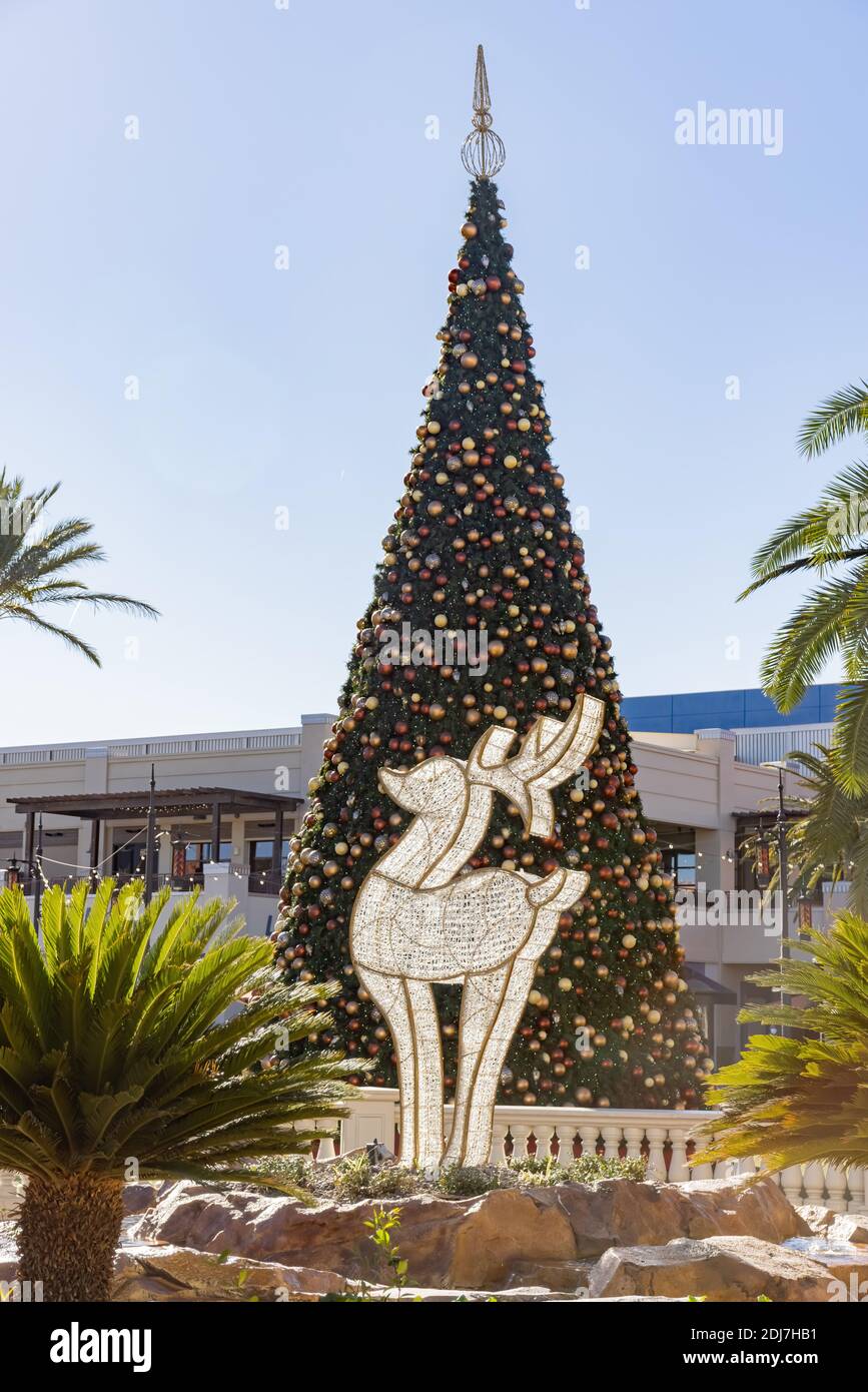 Sunny view of the Christmas Tree in Town Square shopping mall at Las