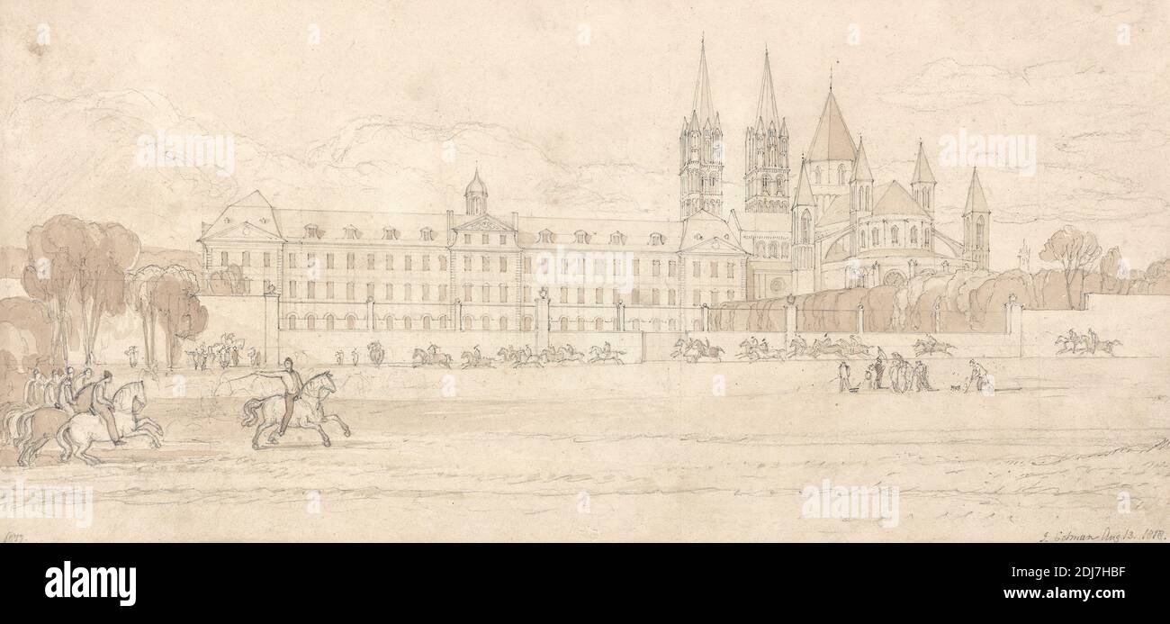 Military School and Abbey Church of St Stephen at Caen, John Sell Cotman, 1782–1842, British, 1818, Graphite and brown wash on medium, slightly textured, cream wove paper, Sheet: 10 1/4 x 17 1/4 inches (26 x 43.8 cm) and Image: 7 1/2 x 16 1/8 inches (19.1 x 41 cm), architectural subject, school, Caen, France Stock Photo