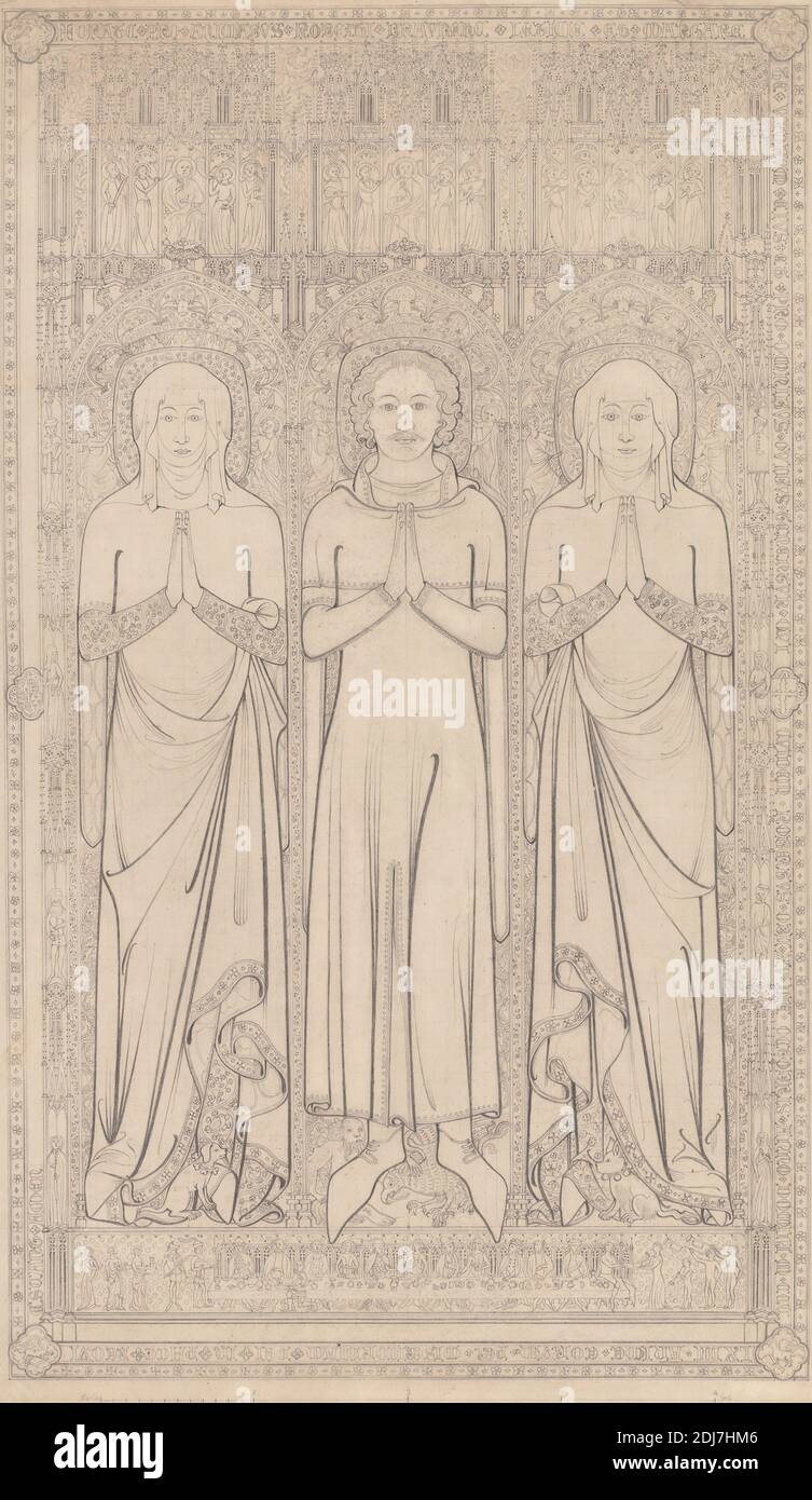 The Sepulchral Brass of Robert Braunche and His Two Wives in Saint Margaret's Church, Lynn, Norfolk, 1364, John Sell Cotman, 1782–1842, British, ca. 1818, Graphite on medium smooth cream wove paper, Sheet: 23 5/8 x 13 3/4 inches (60 x 34.9 cm), architectural subject, brass, King's Lynn, King's Lynn, Norfolk, Saint Margaret's Church, United Kingdom Stock Photo