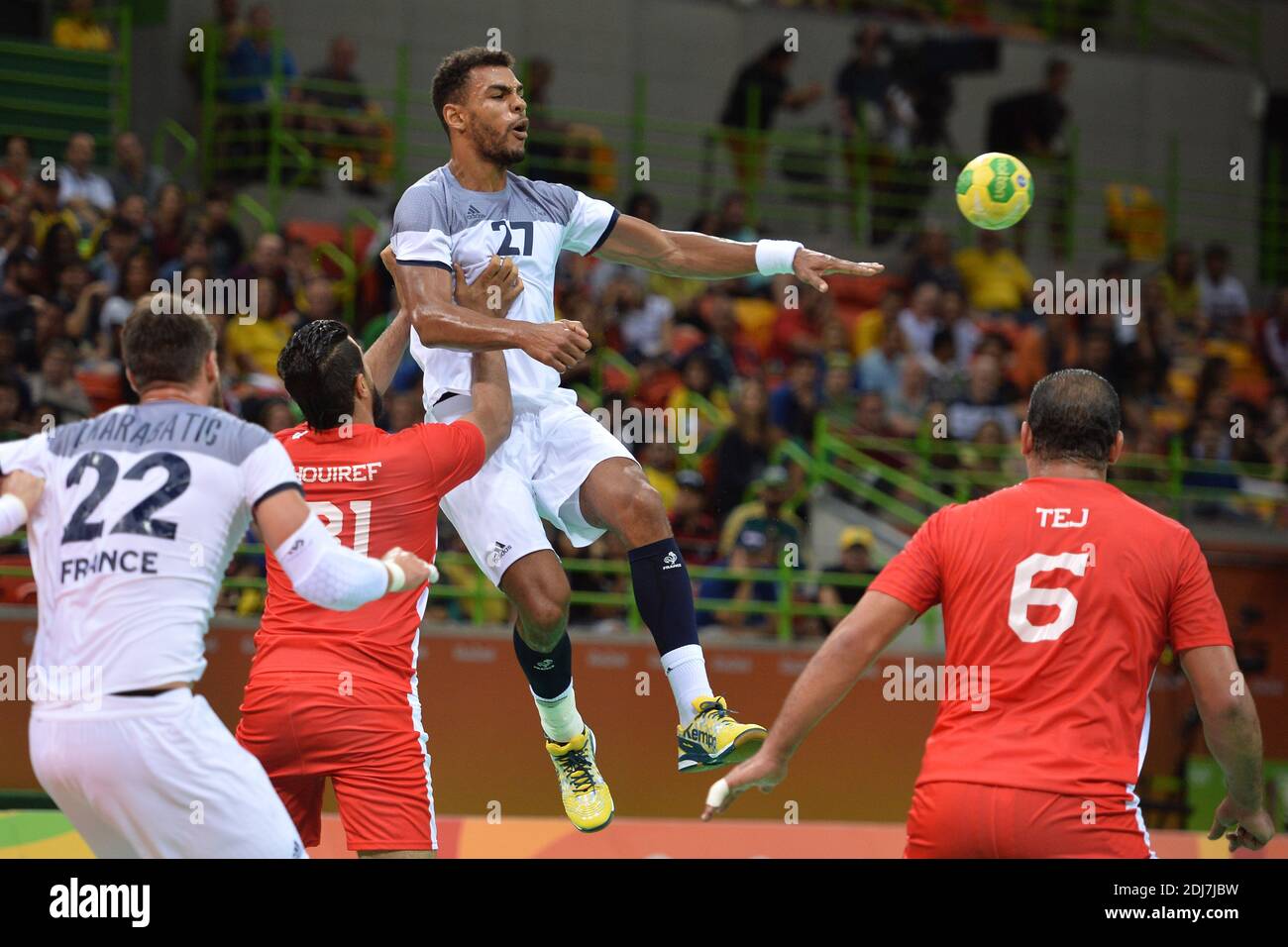 Adrien Dipanda in action during the France vs Tunisia handball game at the 2016 Rio Olympic Games on August 7, 2016 in Rio De Janeiro, Brazil. Photo by Lionel Hahn/ABACAPRESS.COM Stock Photo