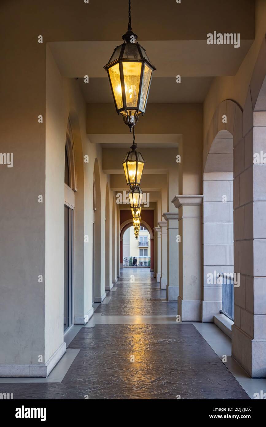 Antique style lamp hanging in a hallway of Lake Las Vegas Resort at ...