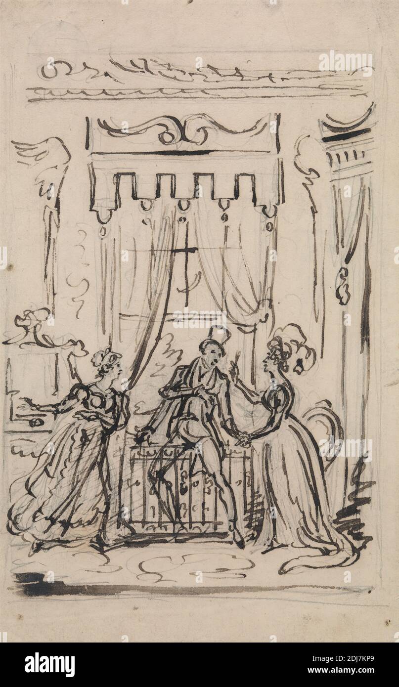 An Unconventional Visit, Robert Isaac Cruikshank, 1789–1856, British, undated, Pen and brown ink and graphite on medium, lightly textured, cream wove paper, Sheet: 8 1/8 × 5 1/8 inches (20.6 × 13 cm), caricature, curtains, dancing, figure study, man, top hat, woman Stock Photo