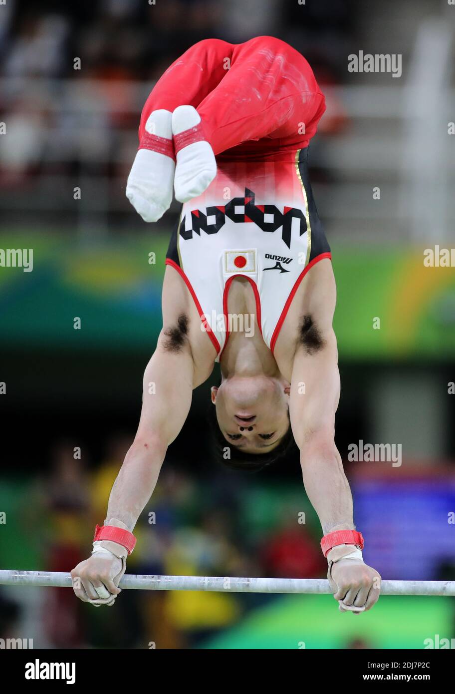 Japanese gymnast Kohei Uchimura performs his routine on The Parallel Bars in the Men's Artistic Gymnastics Individual All-Around Finals of the 2016 Rio Summer Olympics in Rio de Janeiro, Brazil, August 10, 2016. Uchimura won the Gold Medal, edging out Ukraine's Oleg Verniaiev, who won the Silver Medal and Great Britain's Max Whitlock won the Bronze. Photo by Giuliano Bevilacqua/ABACAPRESS.COM Stock Photo