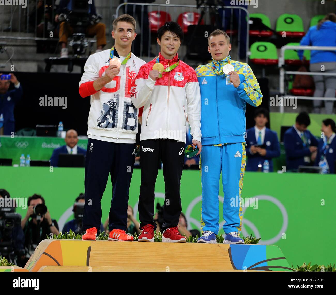 Kohei Uchimura (JPN) wins the gold medal, Oleg Verniaiev (UKR) wins the silver medal, and Max Whitlock (GBR) wins the bronze medal during the men's artistic individual all-around finals in the Rio 2016 Summer Olympic Games at Rio Olympic Arena. Rio de janeiro, Brazil, August 10, 2016. Photo by Giuliano Bevilacqua/ABACAPRESS.COM Stock Photo