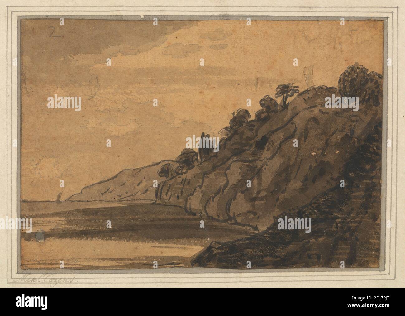 Coastal Scene with Wooded Cliff, Alexander Cozens, 1717–1786, British, ca. 1770, Black ink, graphite, brown wash, gray wash, brown ground and varnish on medium, slightly textured, cream laid paper, mounted on thick, moderately textured, beige laid paper, Mount: 9 7/8 x 13 5/8 inches (25.1 x 34.6 cm) and Sheet: 4 7/8 x 7 inches (12.4 x 17.8 cm), cliffs, clouds, landscape, sailboats, seascape, shore (landform), trees Stock Photo