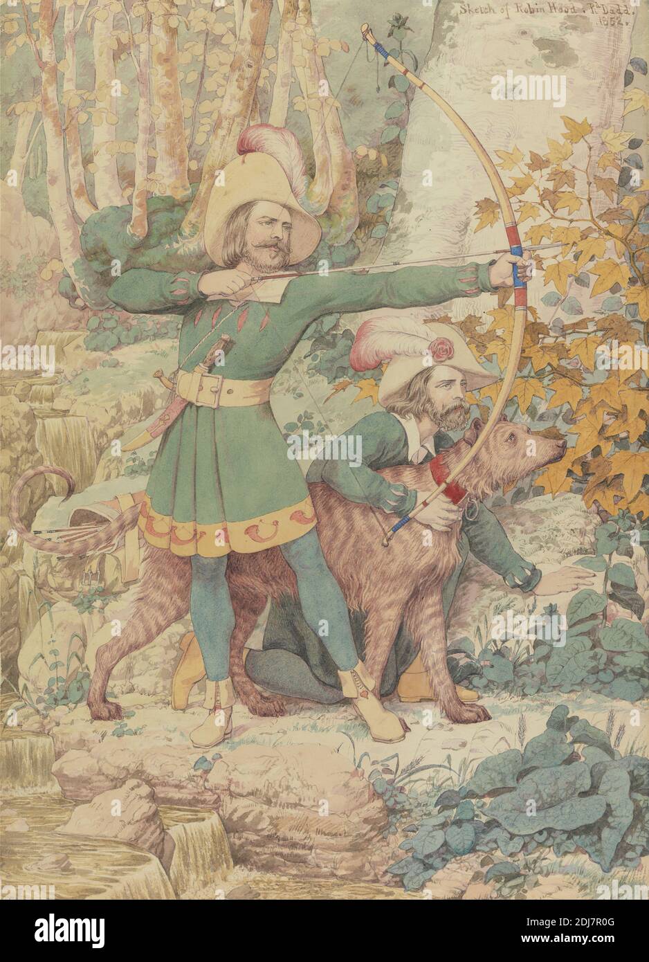 Sketch of Robin Hood, Richard Dadd, 1817–1886, British, 1852, Watercolor and graphite on moderately thick, slightly textured, cream wove paper, Sheet: 14 1/8 x 10 1/8 inches (35.9 x 25.7 cm), archer, archery, arrow, bows (weapons), dog (animal), feathers, folklore, hats, hero, illustration, leaves, man, sword, trees Stock Photo