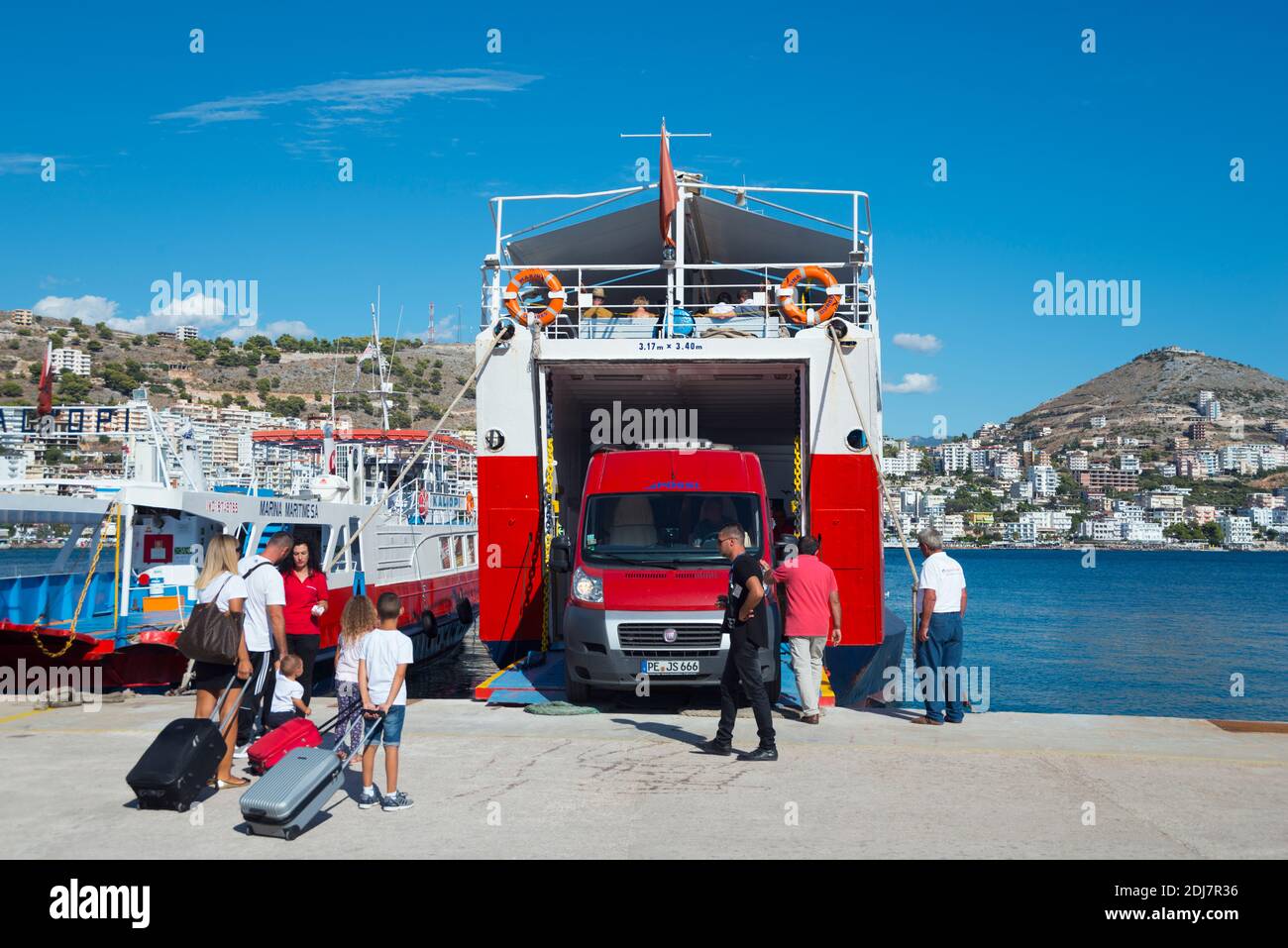 Camper faehrt auf Faehre nach Korfu, Saranda, Albanien / Wohnmobil fährt auf Fähre Stock Photo