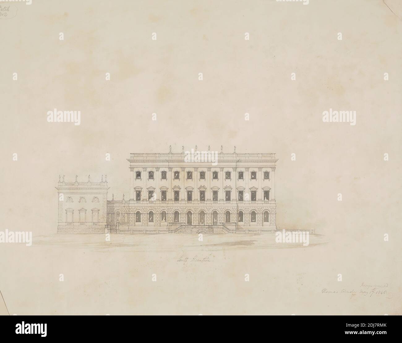 Design for Grosvenor House, London: South Elevation, Thomas Cundy, 1790–1867, British, 1845, Graphite and wash on slightly textured, moderately thick, cream wove paper, Sheet: 18 3/4 × 24 3/8 inches (47.6 × 61.9 cm), architectural subject, design, house, England, Europe, London, United Kingdom Stock Photo