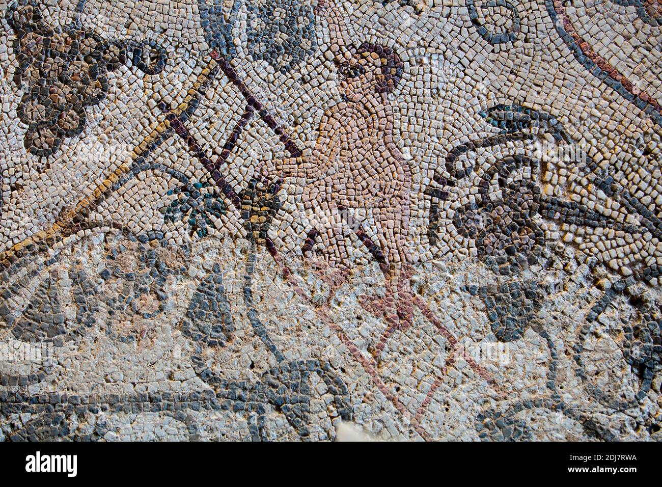 Merida, Spain - December 13th, 2020: Autumn mosaic. Unclothed children climbing the stairs and carrying baskets of grapes. Amphitheatre House,  Merida Stock Photo