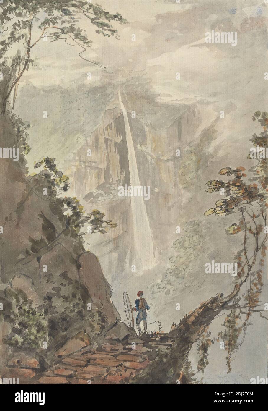 Murichom to Choka Chukha, Samuel Davis, 1757–1819, British, 1783, Watercolor and pen and black ink over graphite on medium, slightly textured, cream laid paper, Sheet: 10 × 6 7/8 inches (25.4 × 17.5 cm), cliff, figure, landscape, mountain, waterfall Stock Photo