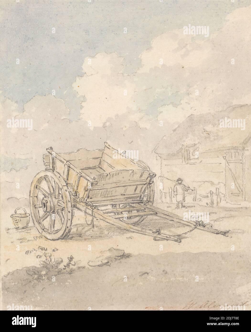 Study of a Farm Cart, William Alexander, 1767–1816, British, undated, Watercolor and graphite on moderately thick, moderately textured, cream laid paper, Sheet: 6 1/8 × 5 inches (15.6 × 12.7 cm), agriculture, basket, cart, farmhouse, figure, genre subject, wagon Stock Photo