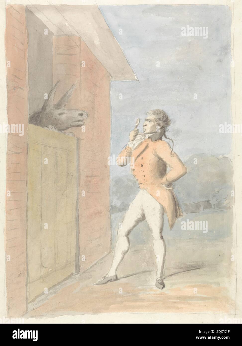A Dandy Quizzing a Mule's Head seen over a Stable Door, George Dance RA, 1741–1825, British, after 1797, Watercolor, gray wash, and graphite on moderately thick, slightly textured, cream wove paper, Sheet: 15 1/8 x 11 1/4 inches (38.4 x 28.6 cm), genre subject, man, mule, stable Stock Photo