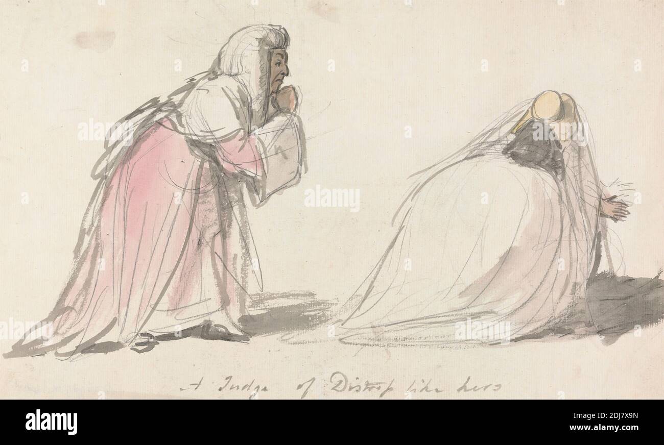 A Judge of Distress like Hers, Nathaniel Dance RA, 1735–1811, British, undated, Watercolor, wash and graphite on medium, slightly textured, cream laid paper, Sheet: 7 5/8 x 12 3/4 inches (19.4 x 32.4 cm), bonnet, dress, genre subject, judge, women Stock Photo