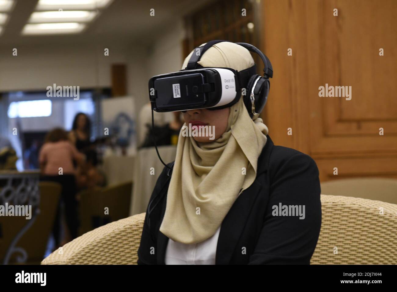 A VR or Virtual Reality experience showing scenes from Aleppo and other  cities in Syria under shelling takes place at hotel Riviera in Beirut,  Lebanon on August 15, 2016. The experience is