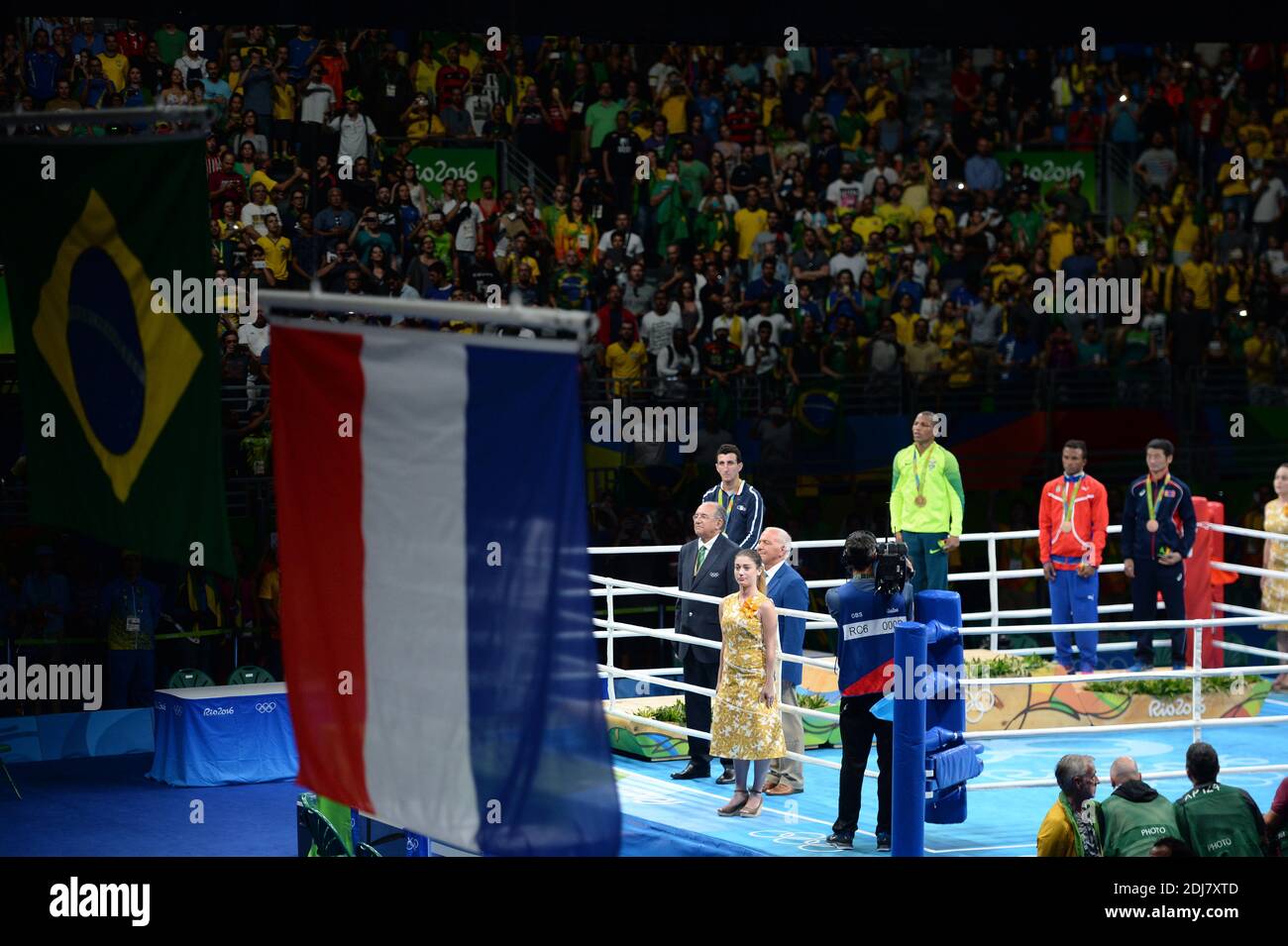 Silver medalist Sofiane Oumiha of France, gold medalist Robson Conceicao of Brazil, bronze medalist Lazaro Jorge Alvarez of Cuba and bronze medalist Otgondalai Dorjnyambuu of Mongolia stand on the podium during the medal ceremony for the Men's Light (60kg) boxing event on Day 11 of the Rio 2016 Olympic Games at Riocentro - Pavilion 6 on August 16, 2016 in Rio de Janeiro, Brazil. Photo by Lionel Hahn/ABACAPRESS.COM Stock Photo