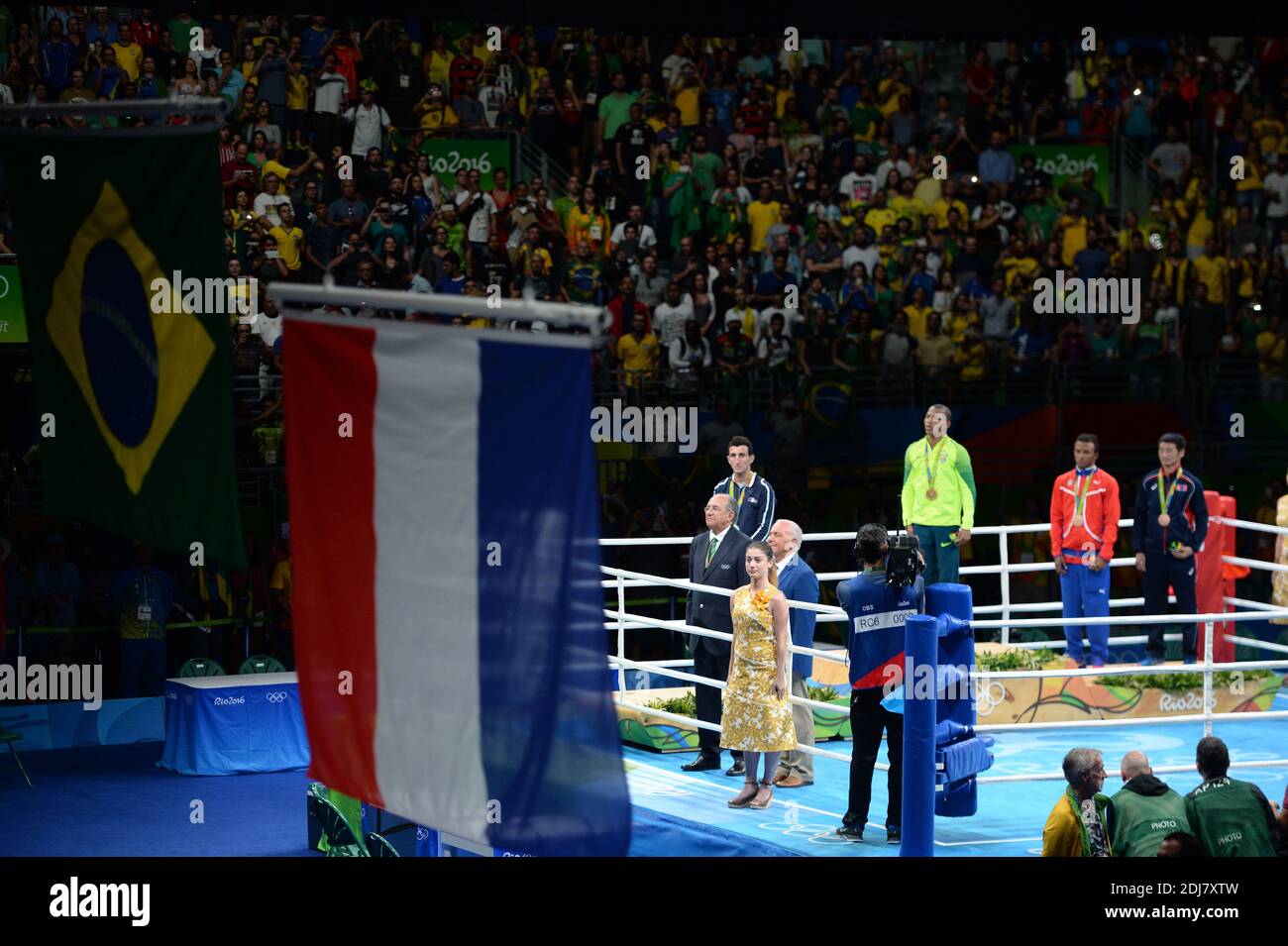 Silver medalist Sofiane Oumiha of France, gold medalist Robson Conceicao of Brazil, bronze medalist Lazaro Jorge Alvarez of Cuba and bronze medalist Otgondalai Dorjnyambuu of Mongolia stand on the podium during the medal ceremony for the Men's Light (60kg) boxing event on Day 11 of the Rio 2016 Olympic Games at Riocentro - Pavilion 6 on August 16, 2016 in Rio de Janeiro, Brazil. Photo by Lionel Hahn/ABACAPRESS.COM Stock Photo