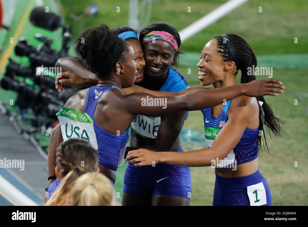 USA's team won a gold medal in the 4X100 m relay women final in Olympic