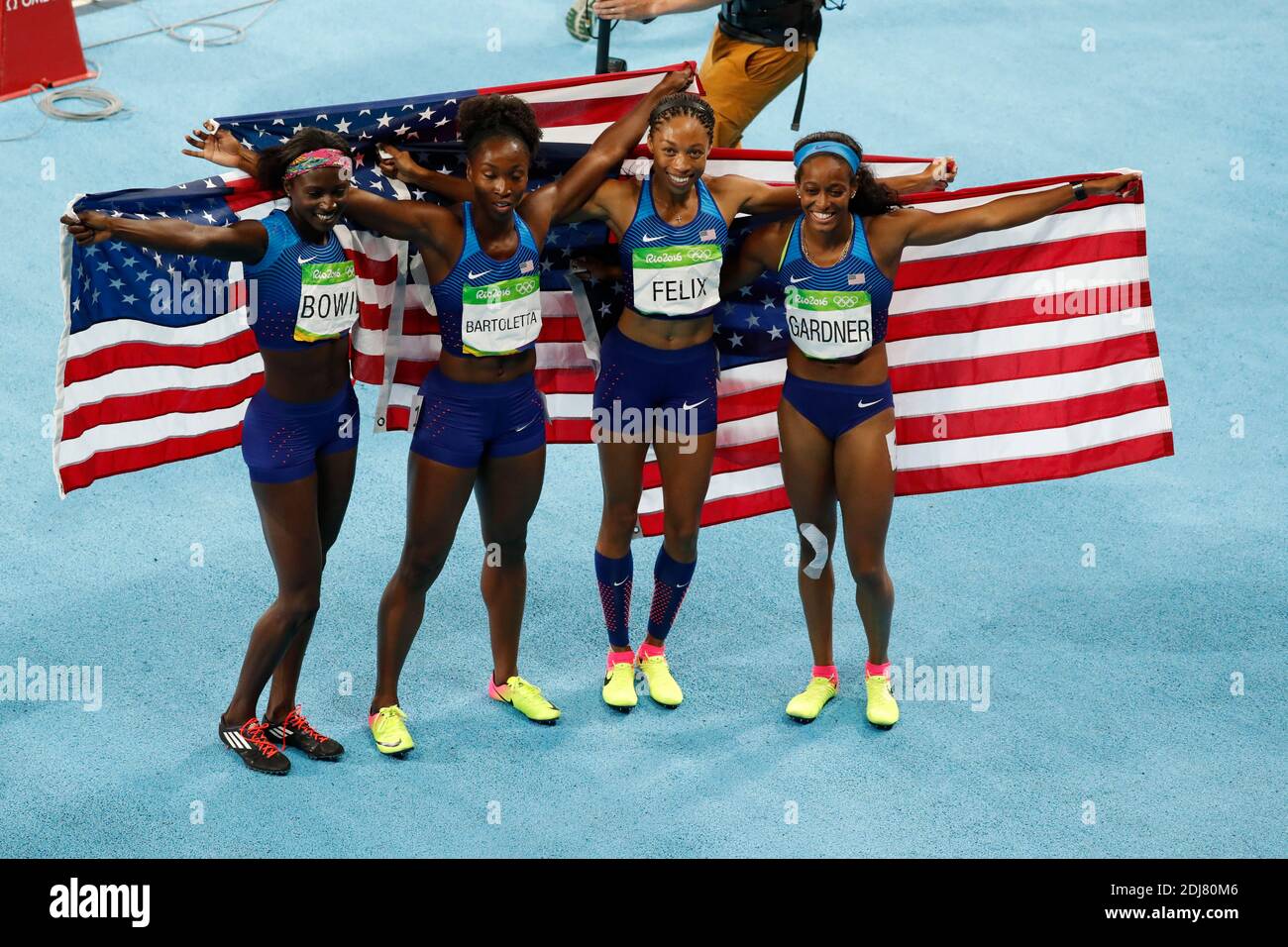 USA's team won a gold medal in the 4X100 m relay women final in Olympic